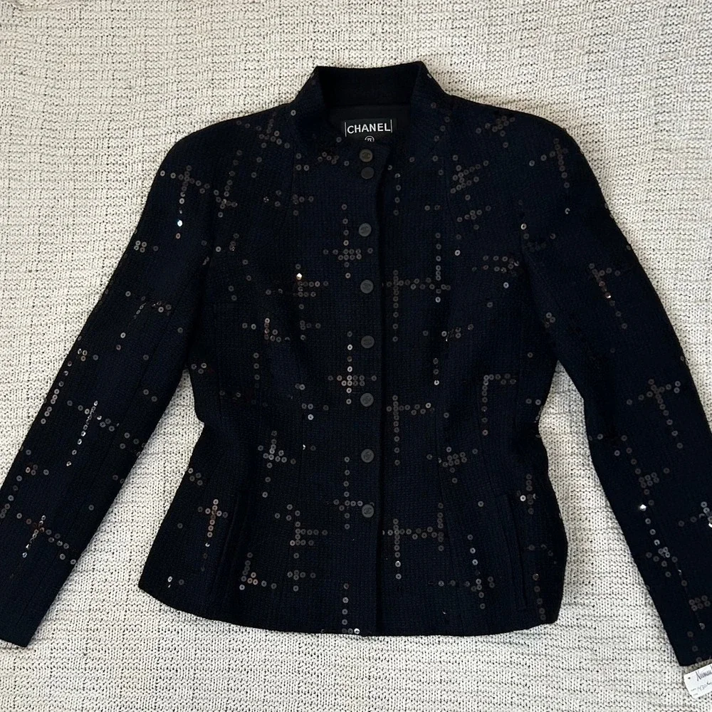 NWT Chanel 02A Black Sequin Tweed Skirt Suit Jacket Set P19919‎ FR 44 US 12